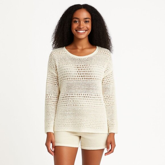 Oversized Cream Crochet Knit Sweater Boho Festival Beach Cover Up Grannycore S M - Picture 4 of 10